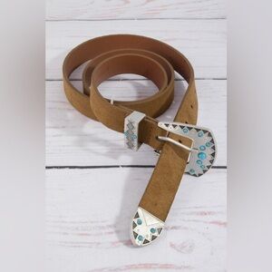 Western Embroidered Buckle Vegan Leather Belt|Silver+Brown